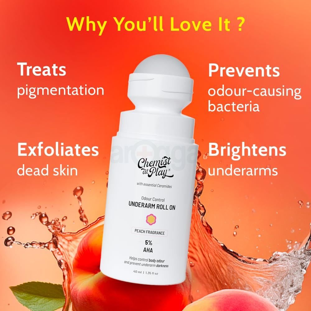 Chemist at Play Underarm Roll On - Peach Fragrance with 5% AHAs & Vitamin C 40ml  