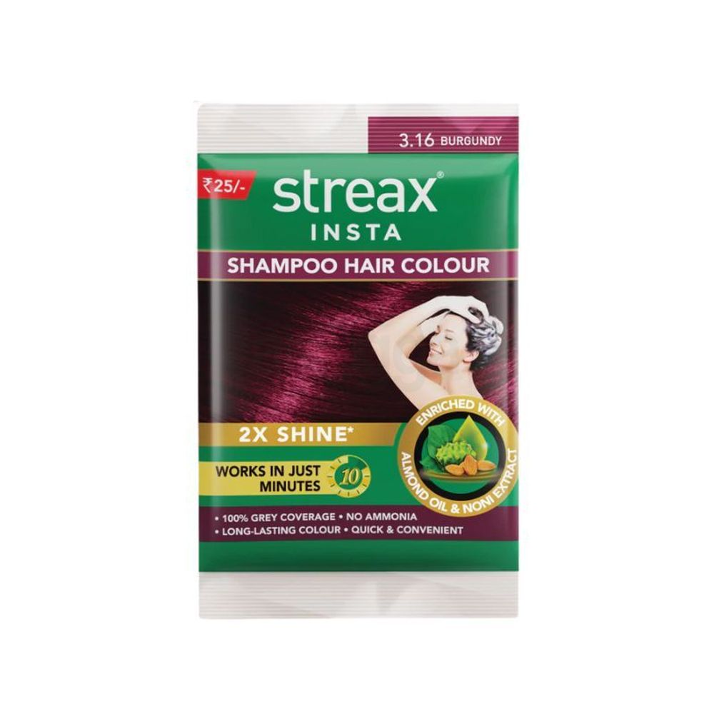 Streax Insta Shampoo Hair Colour 2x Shine Works in Just 10 Minutes 3.16 Burgundy  
