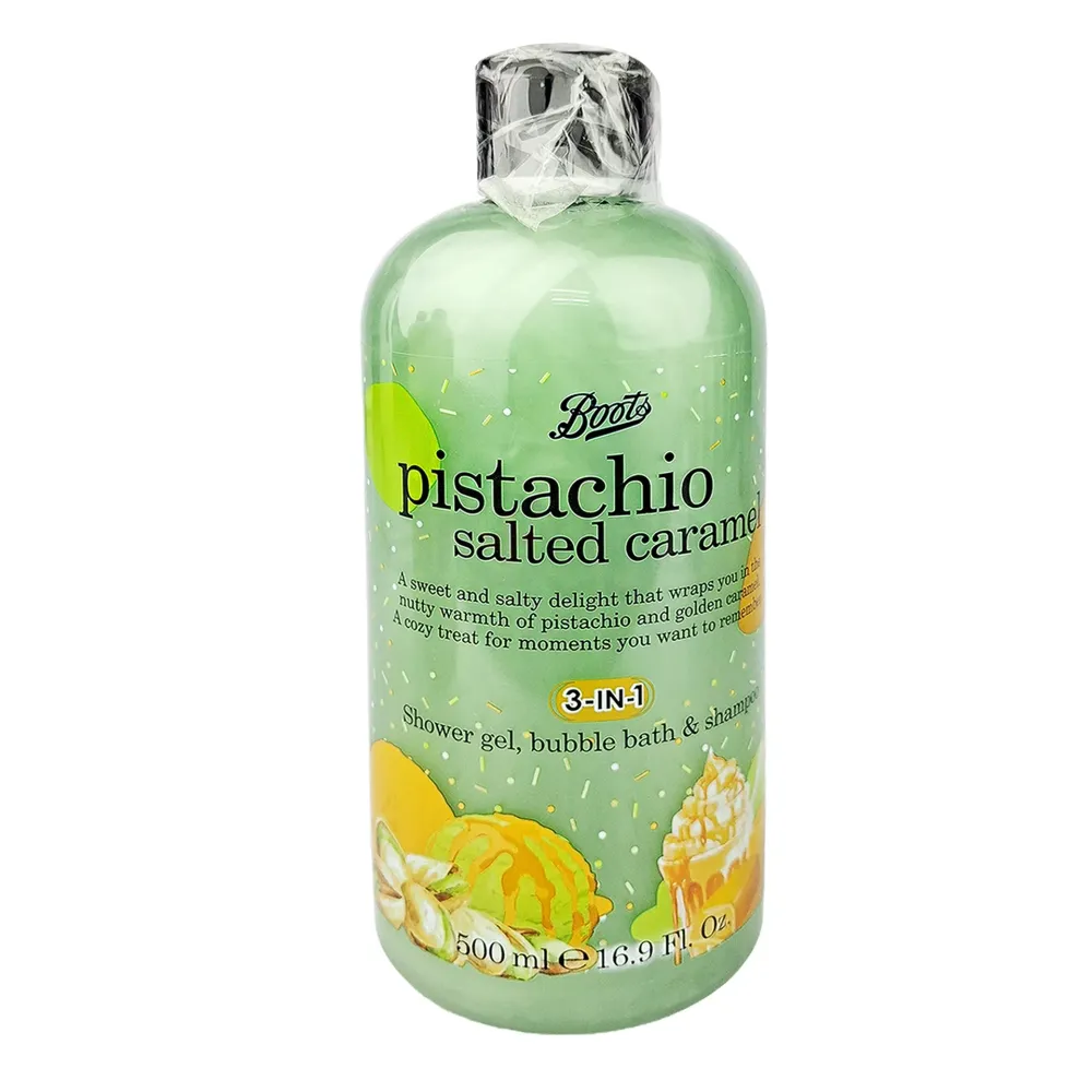 Boots Pistachio Salted Caramel 3 in 1 Shower Gel, Bubble Bath & Shampoo 500ml – Made in Thailand  