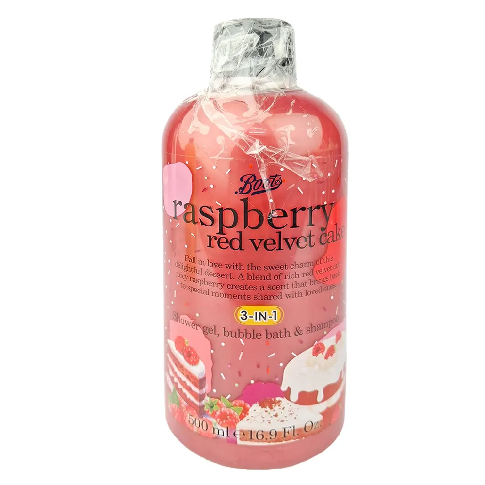 Boots Raspberry Red Velvet Cake 3 in 1 Shower Gel, Bubble Bath & Shampoo 500ml – Made in Thailand  