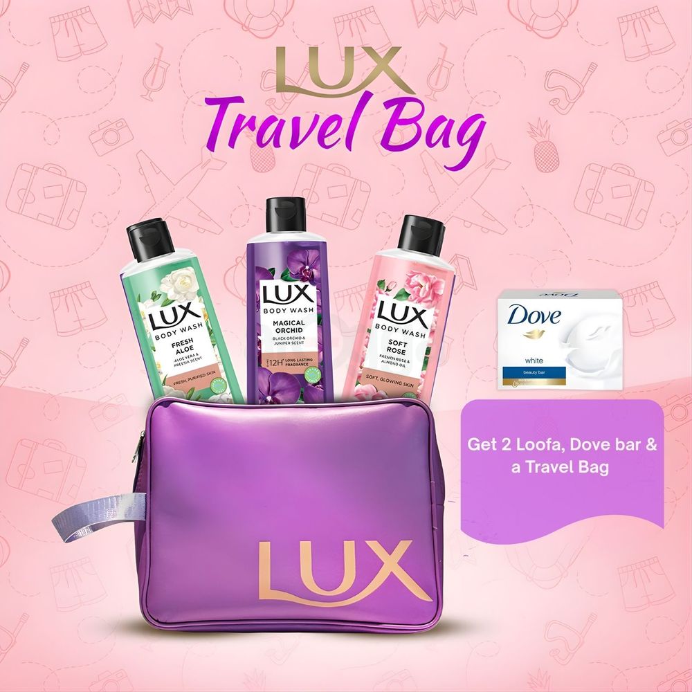 Buy 3 Lux Body Wash (Aloe Vera, Black Orchid & French Rose 245ml) with Dove Beauty Bar White 49g  Get Travel Bag Free  
