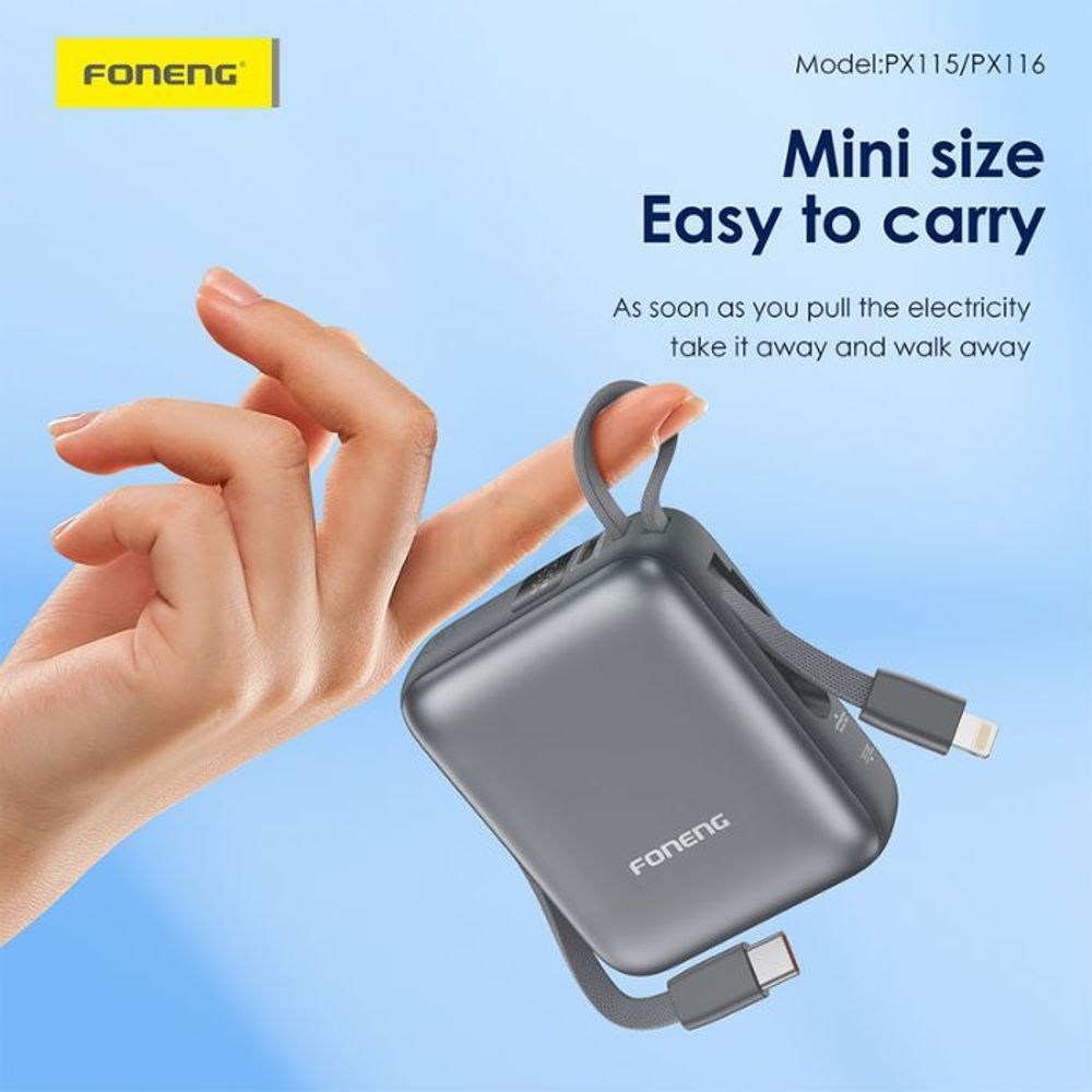Foneng PX116 20000mAh 22.5W Mini Power Bank with 2 Built-in Cables - Dark Gray  
