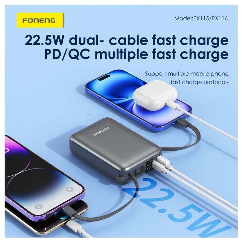 Foneng PX116 20000mAh 22.5W Mini Power Bank with 2 Built-in Cables - Dark Gray  