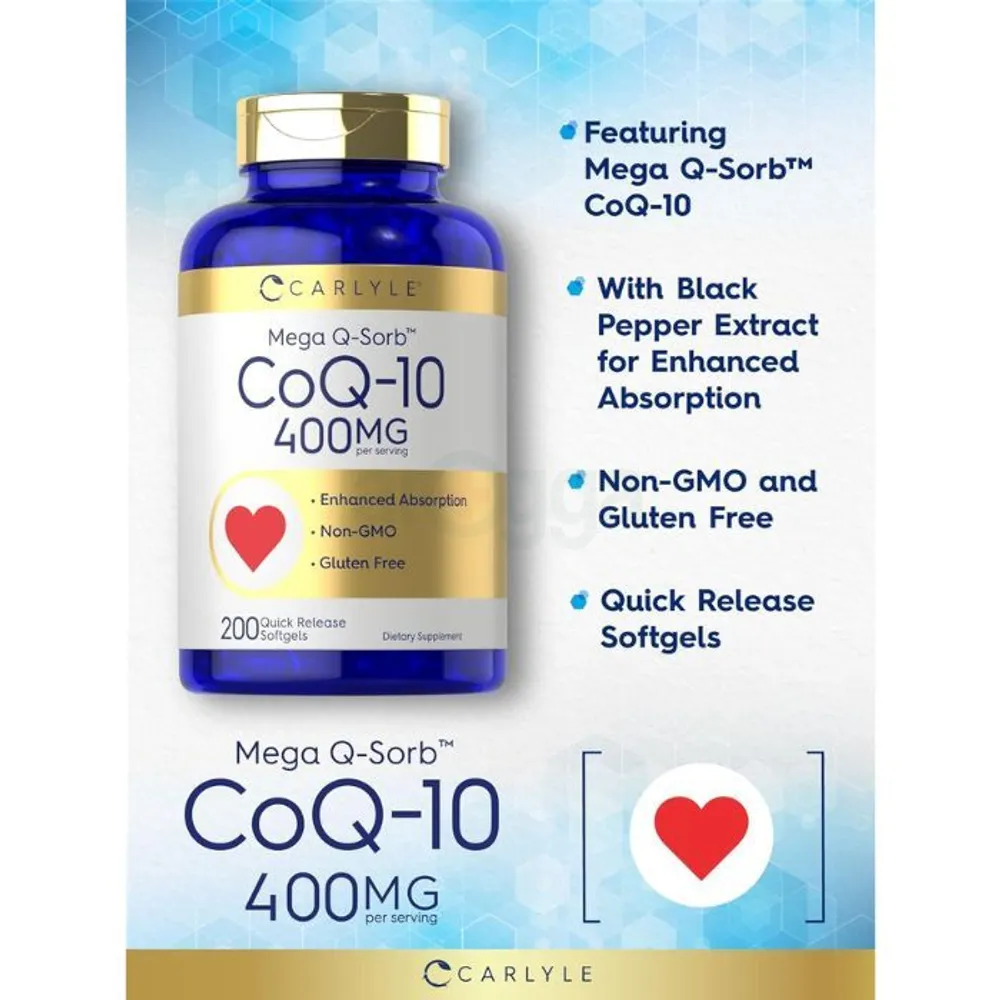 Carlyle Coq10 400mg Non-GMO and Gluten Free Supplement with High Absorption - 200 Quick Release Softgels  