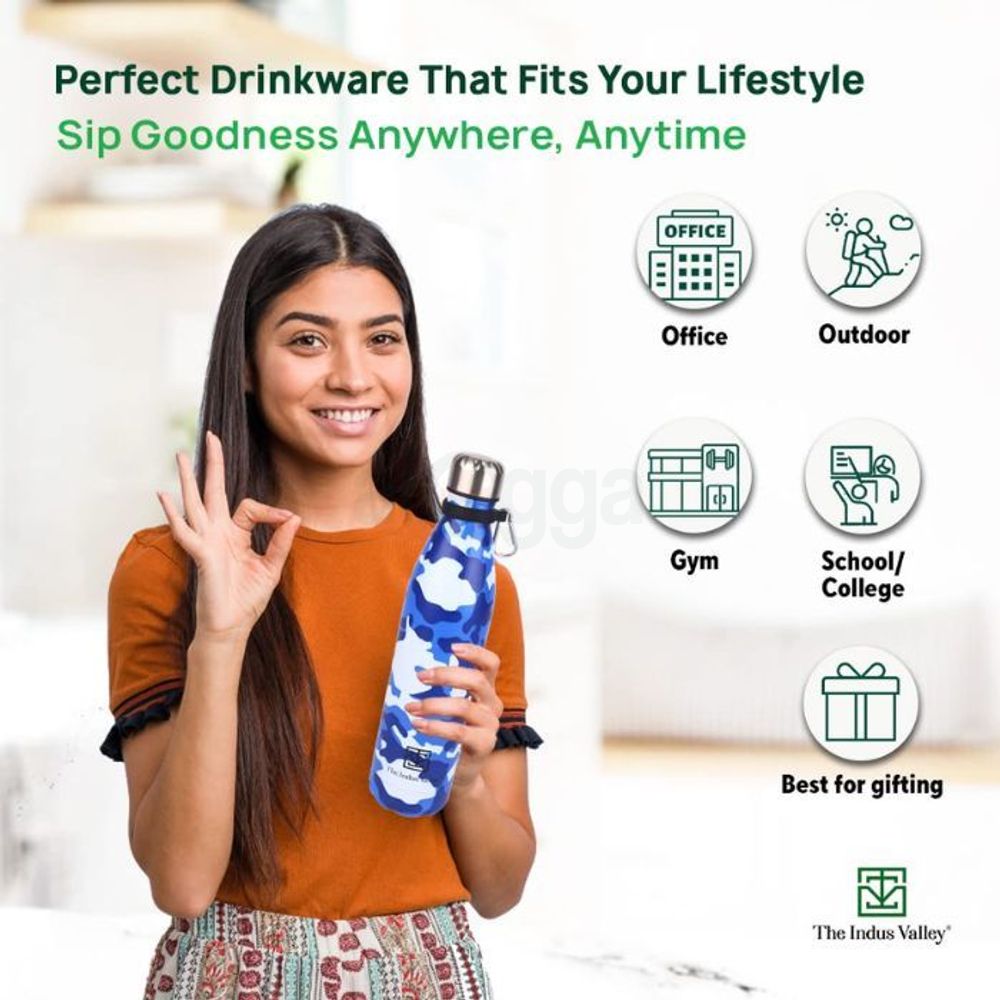 Proclean Stainless Steel Vacuum Insulated Cola Shape SS Non Thermal Printed Water Bottle WB-2128 Blue Camouflage 750ml  