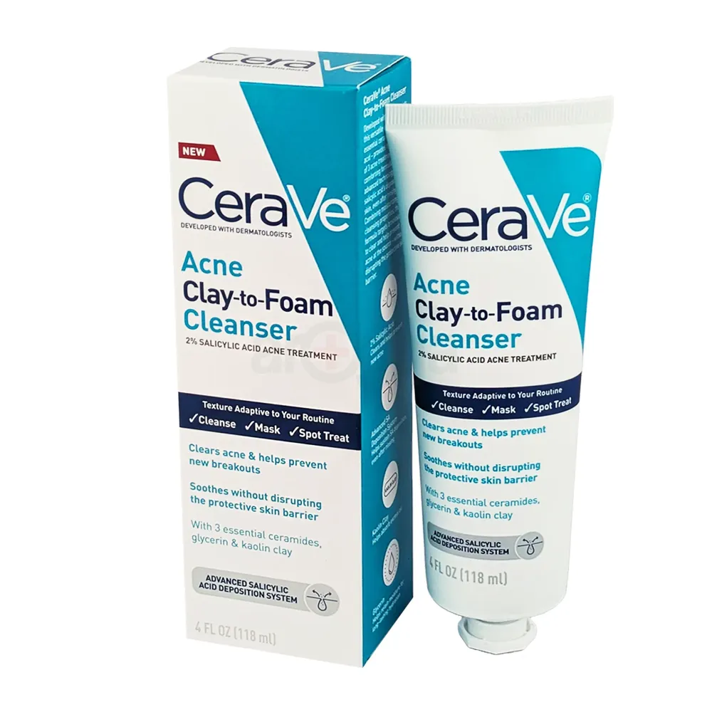 CeraVe Acne Clay-to-Foam Facial Cleanser – Mask & Spot Treatment for Acne-Prone Skin – 118ml  