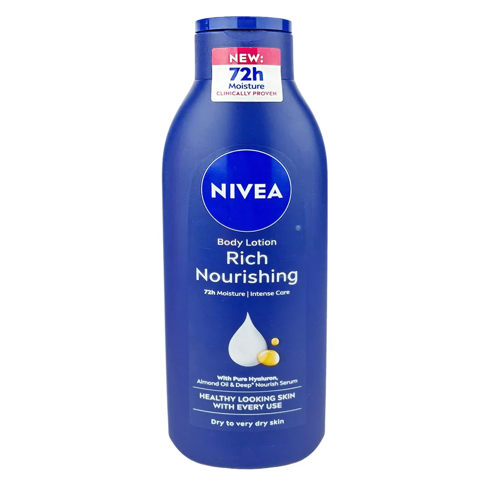 Nivea Rich Nourishing Body Lotion 72h Intense care   With pure Hyaluron, Almond Oil & Vitamin E for Dry to Very Dry Skin (Made in Spain) 250ml  