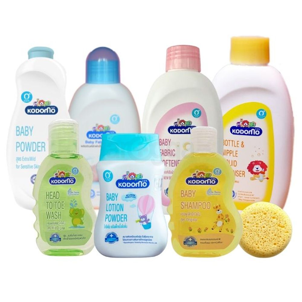 Kodomo Baby 8pcs Gift Set (Baby Powder 180g+Shampoo 100ml+Fabric Softener 200ml+Fabric Wash 200ml+Cleanser 200ml+Lotion 100ml+Head to Toe Wash 100ml+Bath Sponge)  