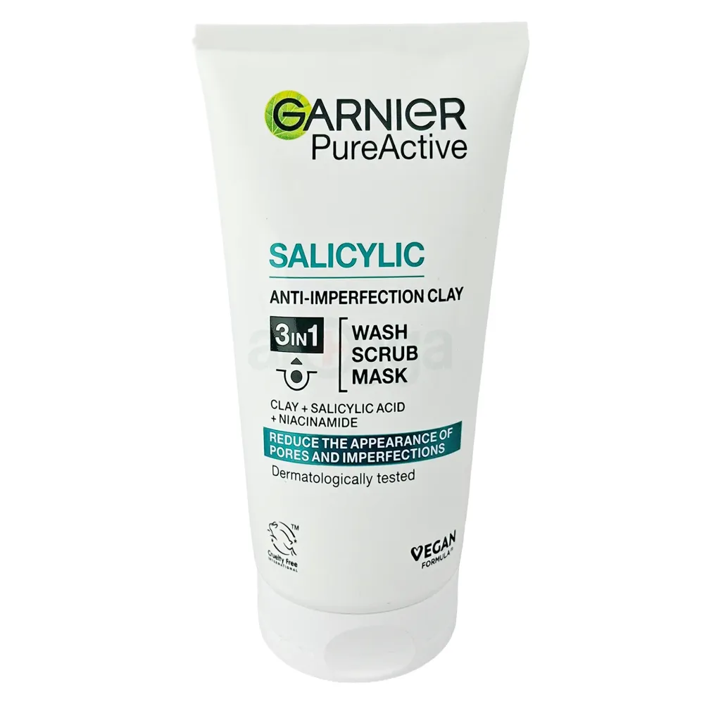 Garnier Pure Active 3-in-1 Anti-Imperfection Clay (Wash Scrub Mask) with Salicylic Acid + Niacinamide 150ml  