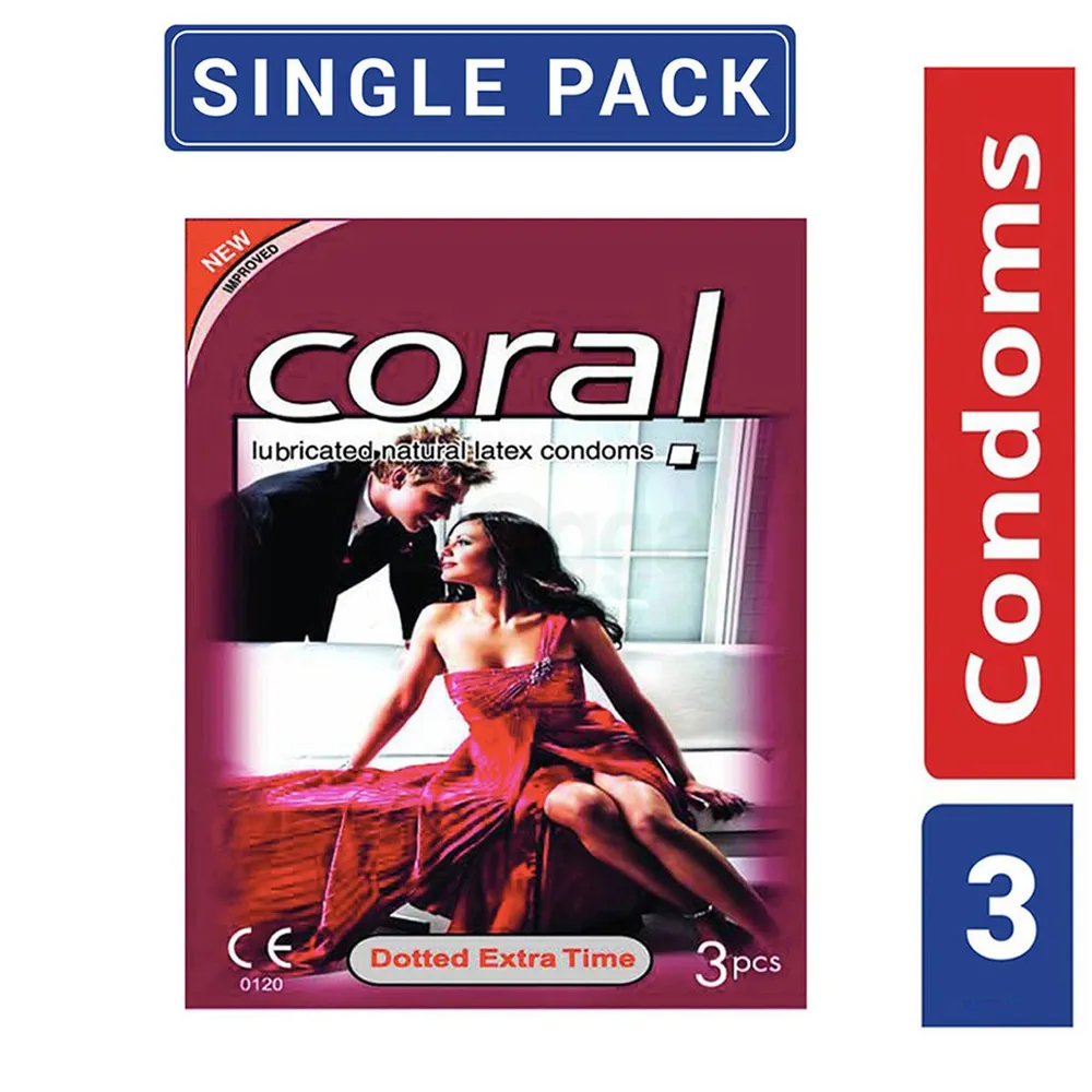 Coral Dotted Condom Extra Time Lubricated Natural Latex - Single Pack  