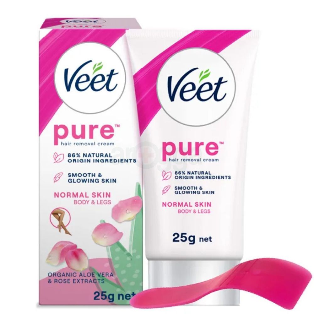 Veet Pure™ Hair Removal Cream 25g Normal Skin for Body & Legs, Freshest Smell with Organic Aloe Vera and Rose Extract  