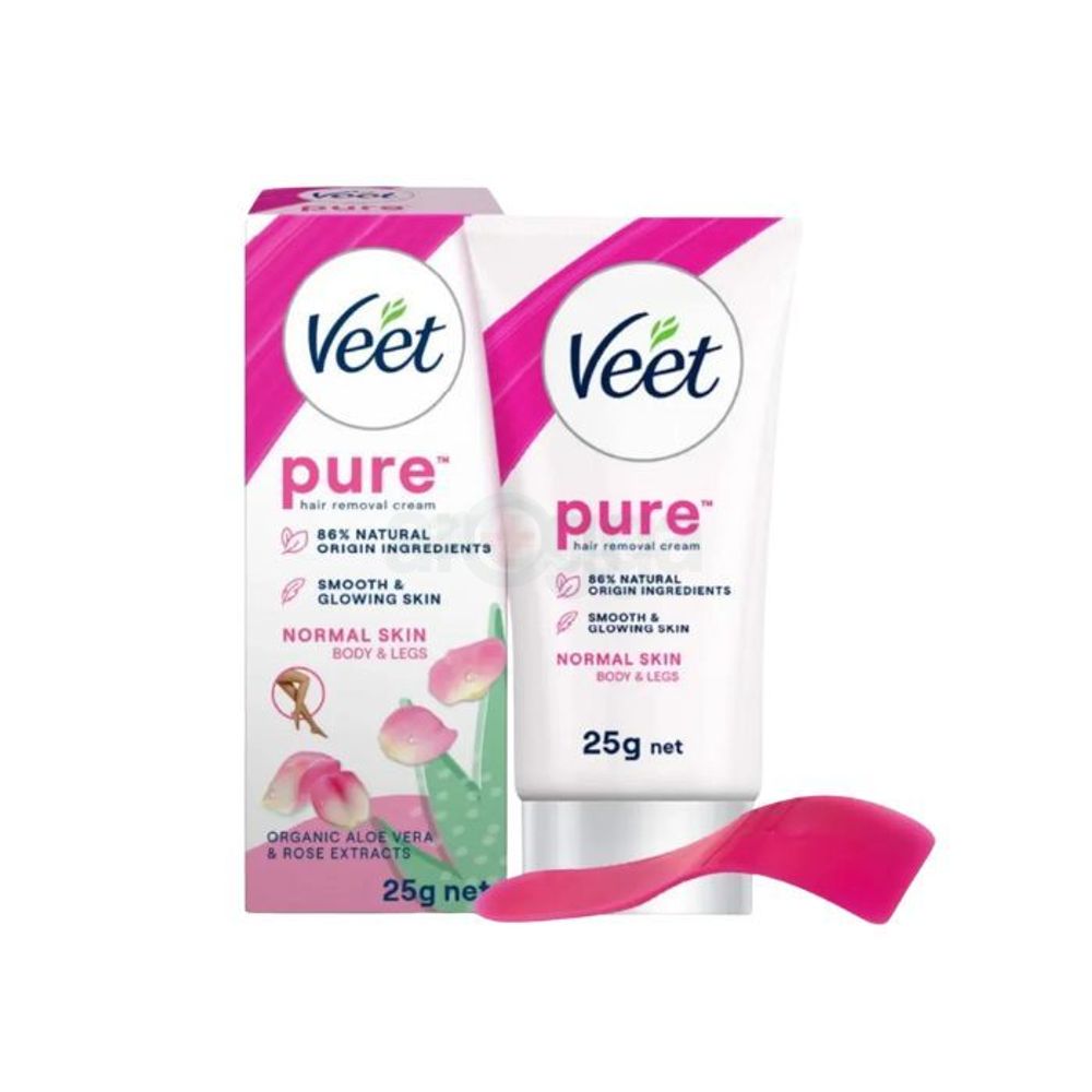 Veet Pure™ Hair Removal Cream 25g Normal Skin for Body & Legs, Freshest Smell with Organic Aloe Vera and Rose Extract  