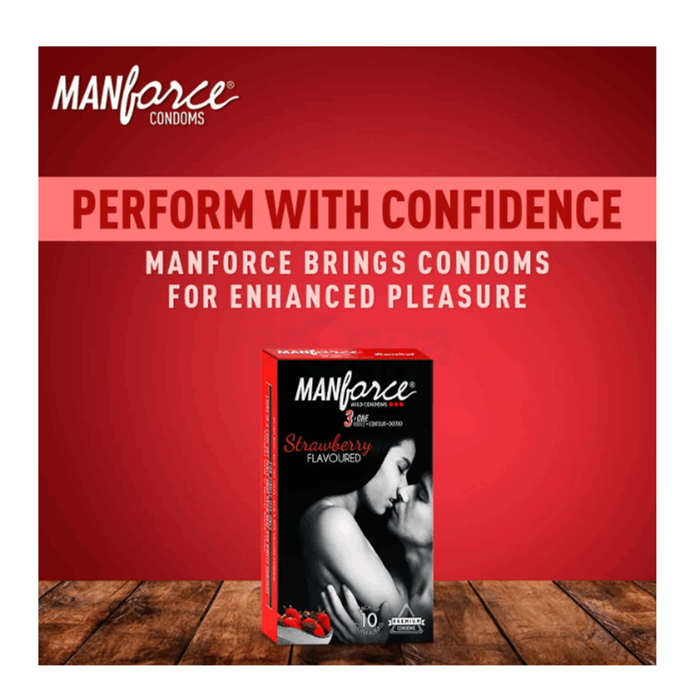 Manforce Wild Strawberry  Flavor Condoms 10pcs Pack 3in1 Dotted, Ribbed, Contoured Condoms (Made in India)  