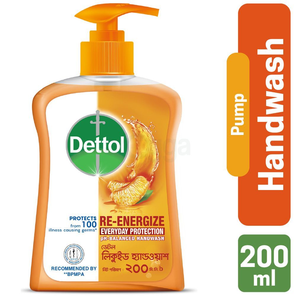 Dettol Handwash Re-Energize 200ml Pump with pH-Balanced Liquid Soap formula  