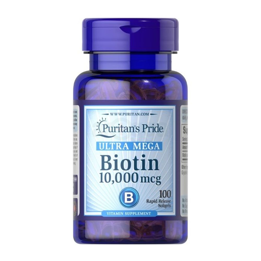 Puritan's Pride Ultra Mega Biotin 10000mcg for Healthy Hair, Skin, Nails, and Energy Metabolism Support 100 Softgels  