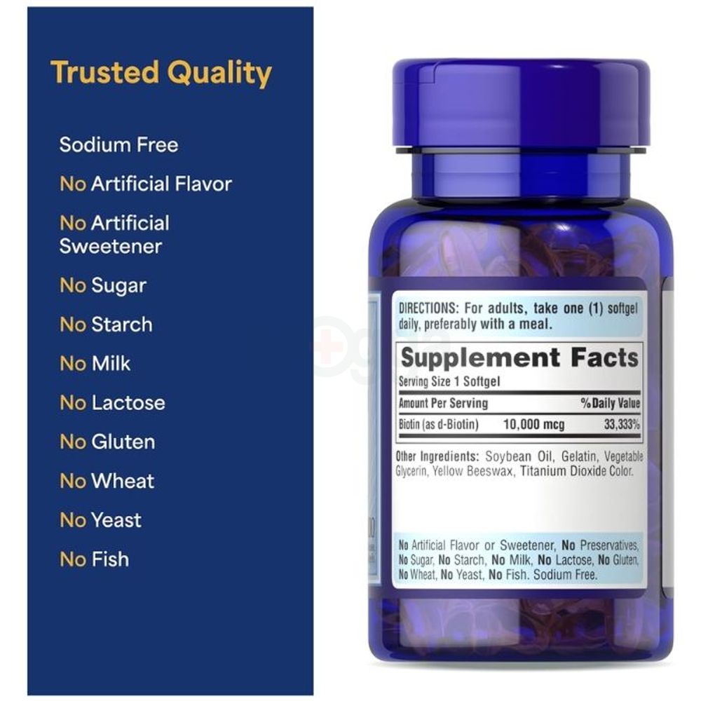 Puritan's Pride Ultra Mega Biotin 10000mcg for Healthy Hair, Skin, Nails, and Energy Metabolism Support 100 Softgels  