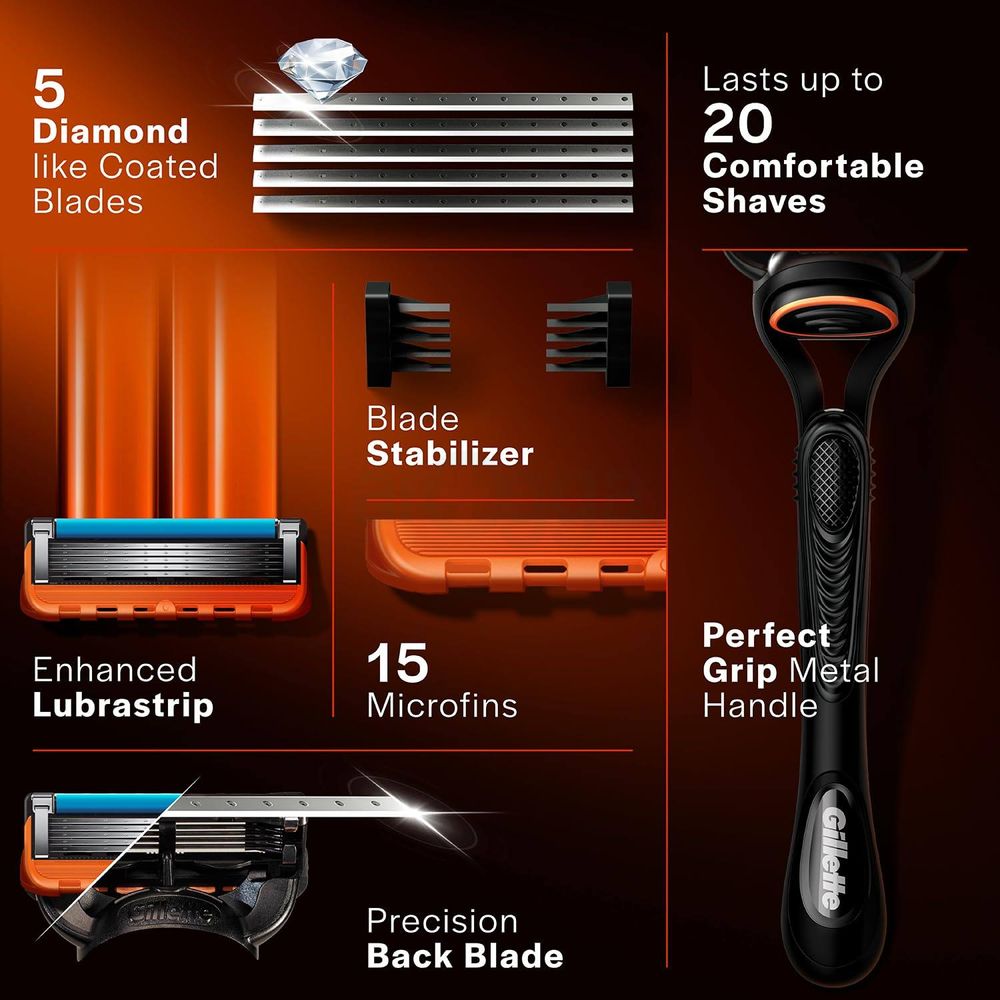 Gillette Fusion 5 Razor with Styling Black Blade & 5 Diamond Like Coated Blades  