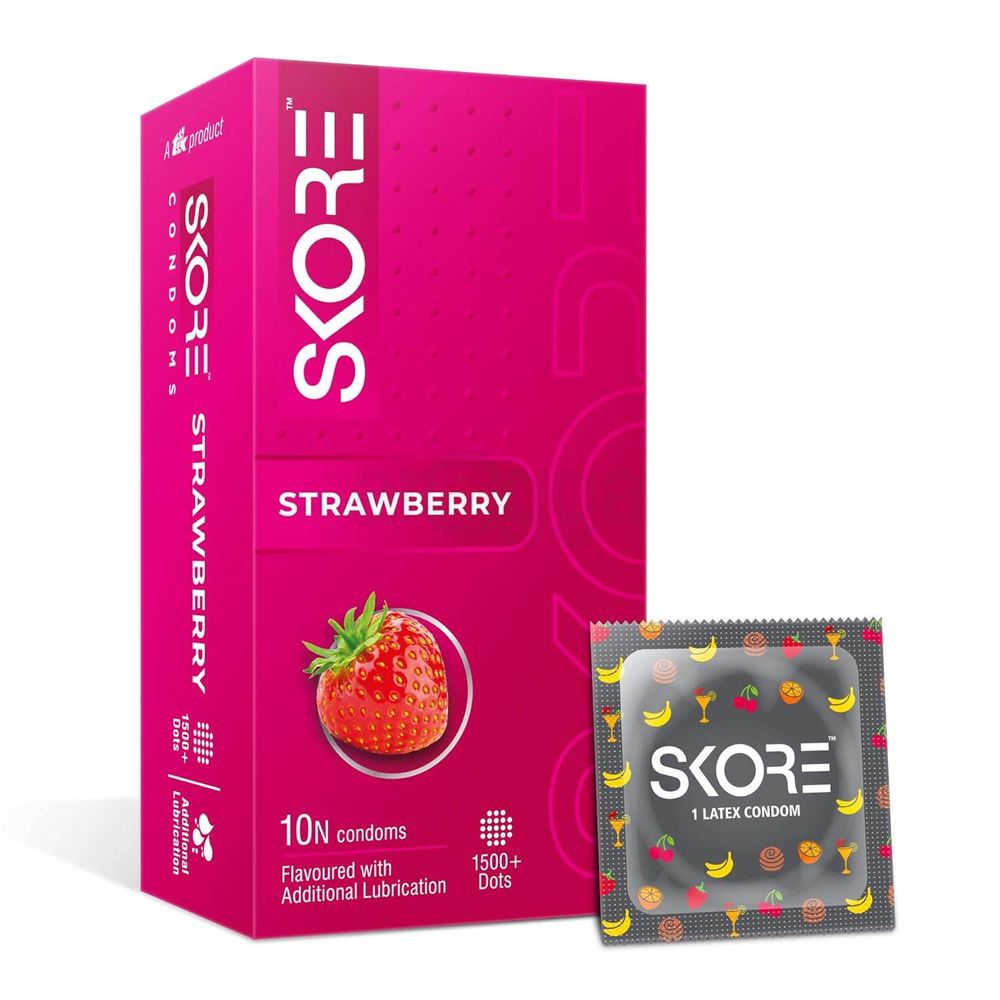 Skore Strawberry 1500+ Dotted with Extra Lubrication Condom - 10Pcs Pack  