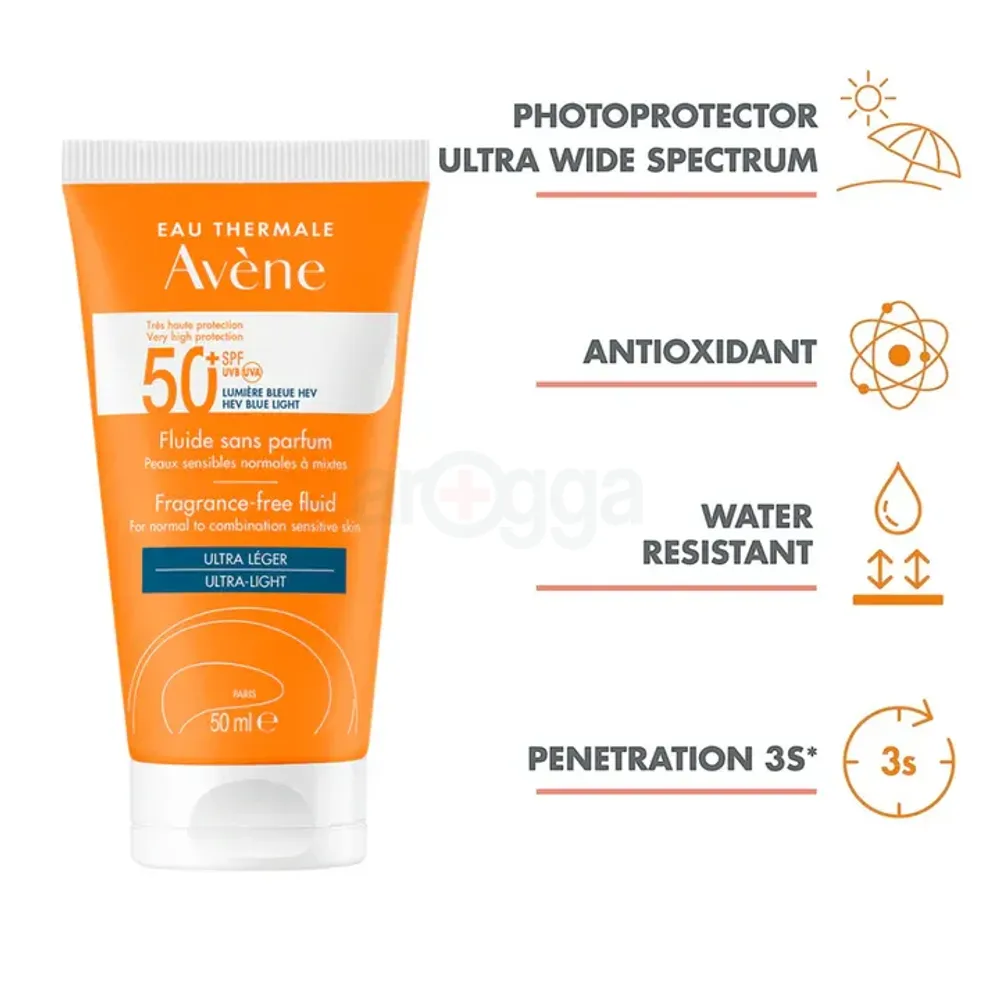 Avene Sun Protect Ultra-Broad Spectrum Fragrance Free Fluid with SPF50+ for Normal to Combination Sensitive Skin  