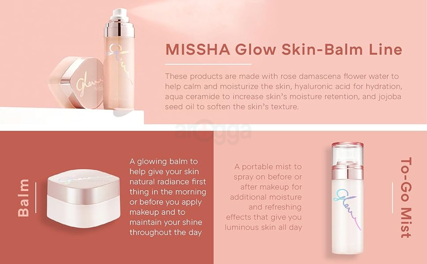 Glow balm and mist for moisturizing and hydrating.