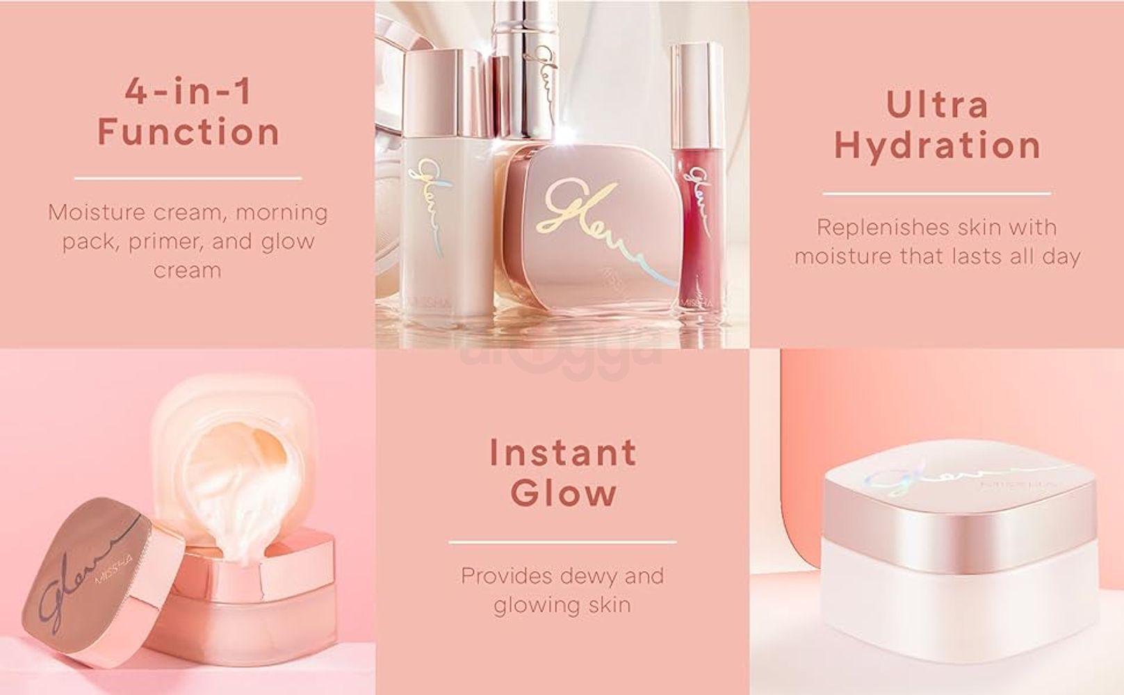 Three images of glow face cream.